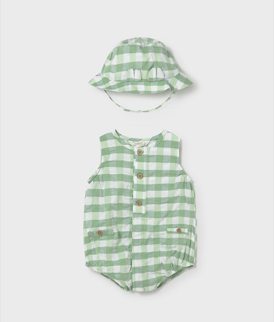 Mayoral Green Check Romper & Hat