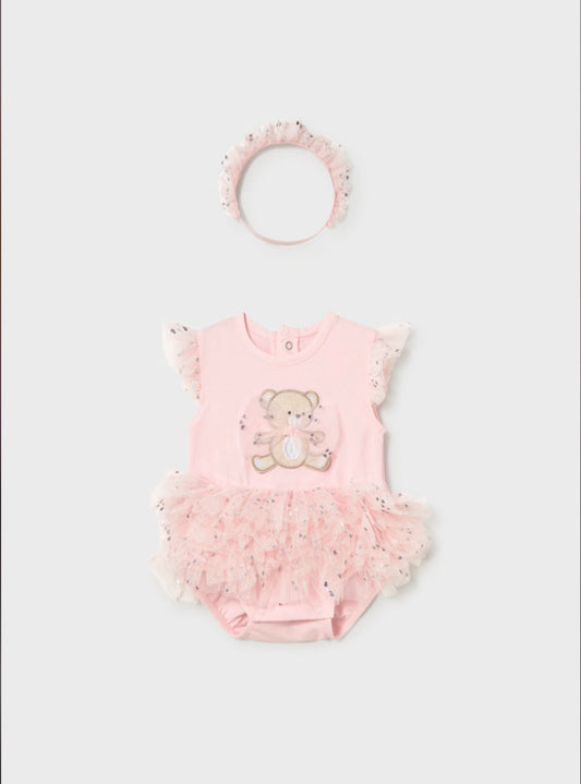 Mayoral Pink Bear Tutu Romper & Headband