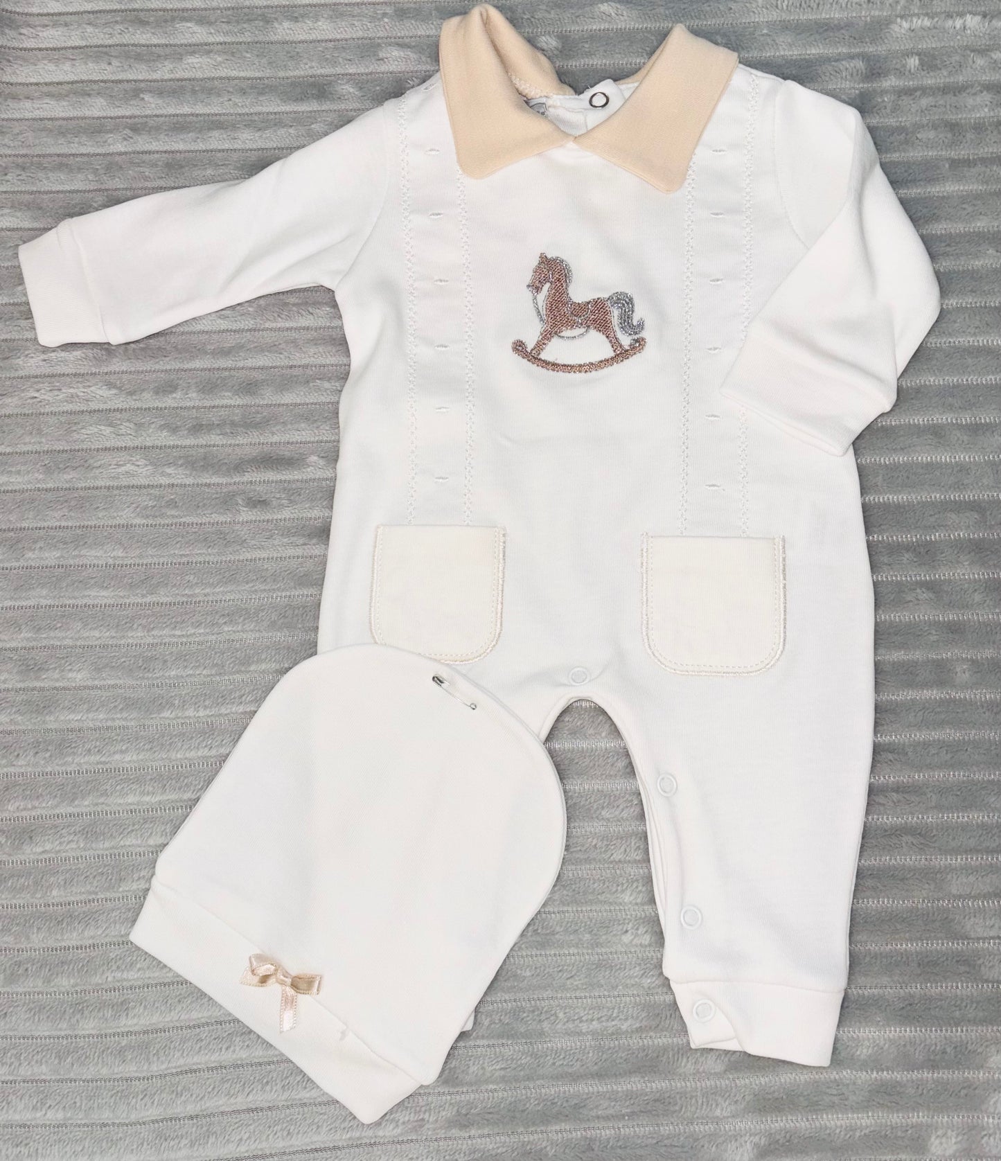 Visara White Beige Rocking Horse Onesie