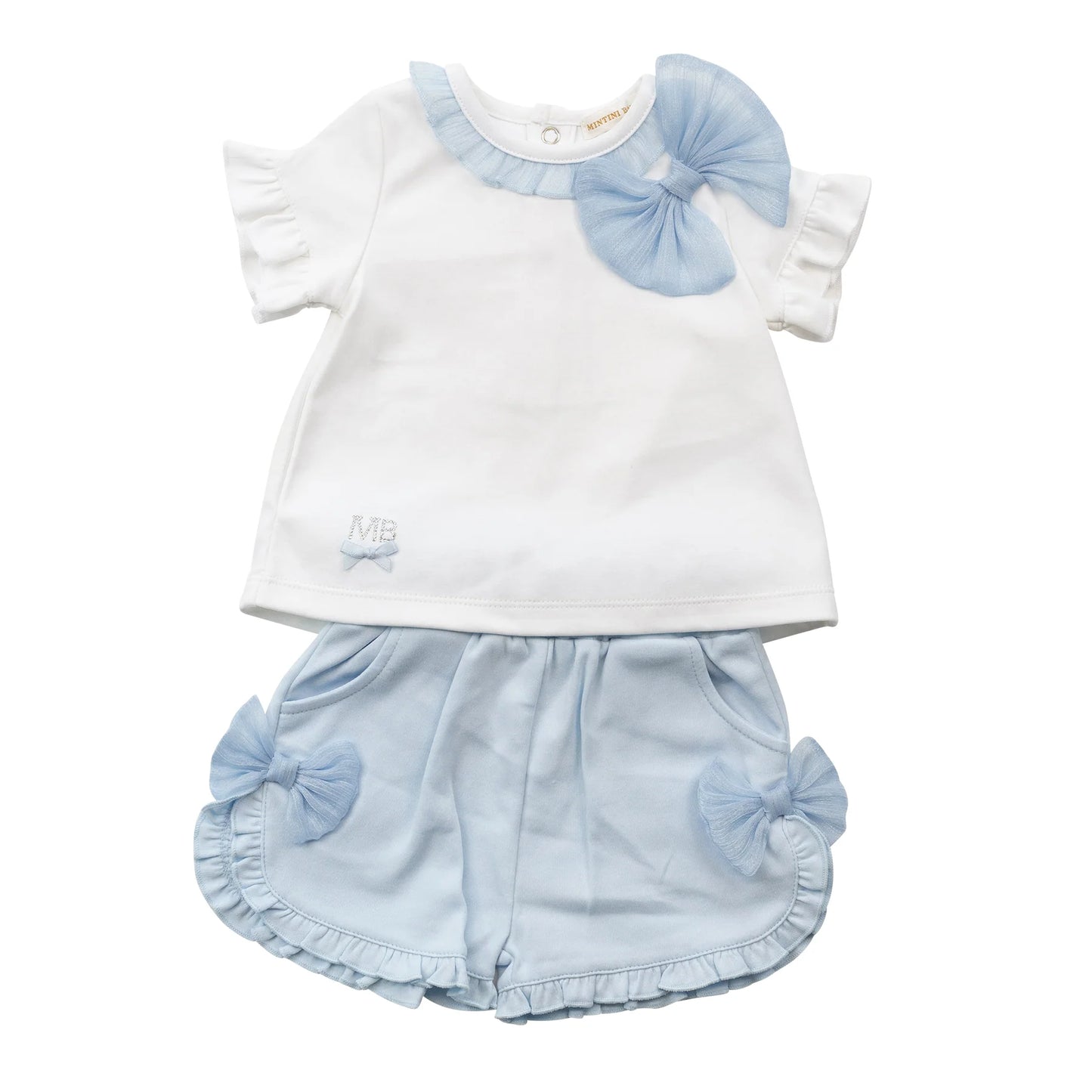 Mintini White & Blue Bow Shorts Set