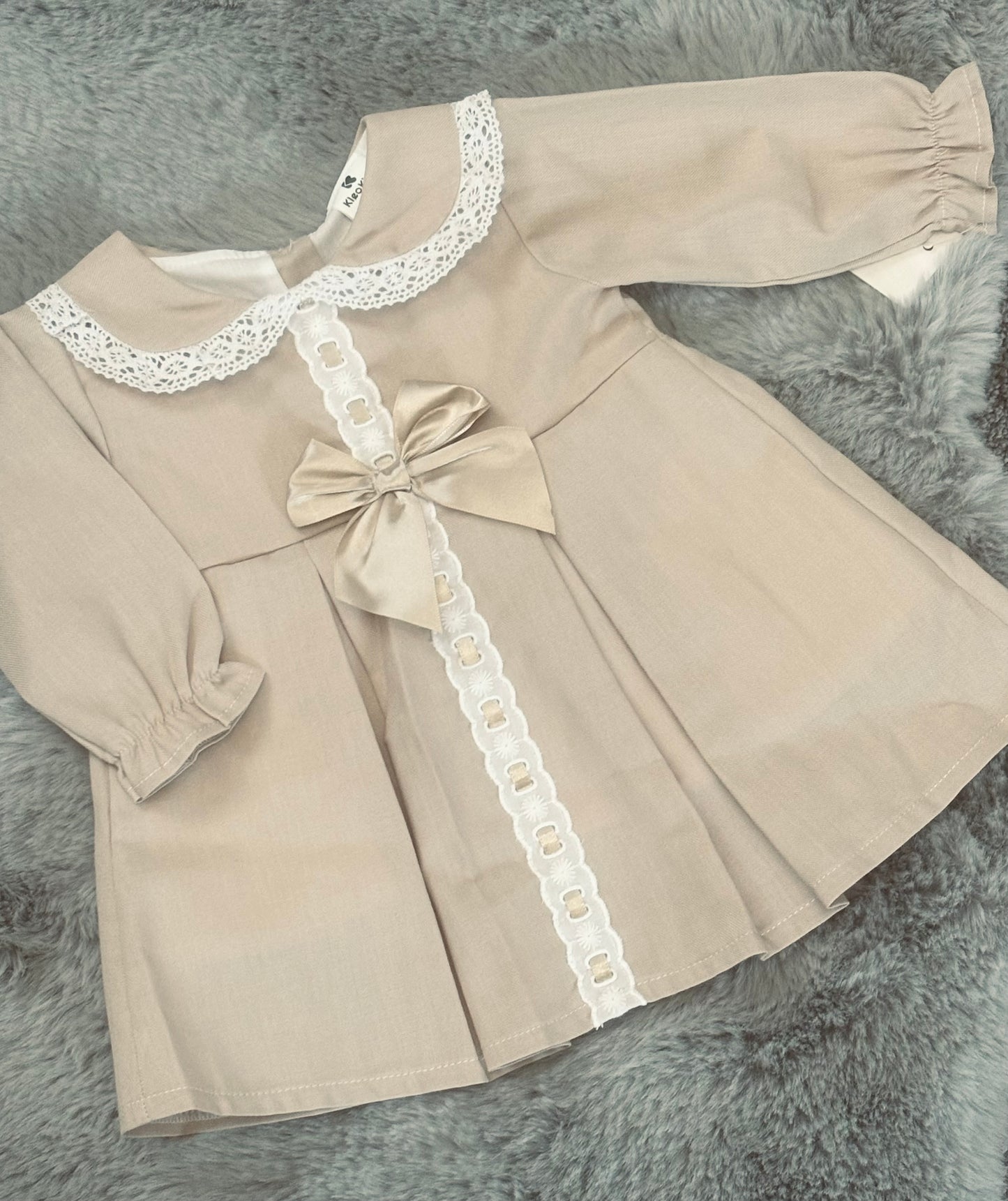 Beige Long Sleeve Bow Dress