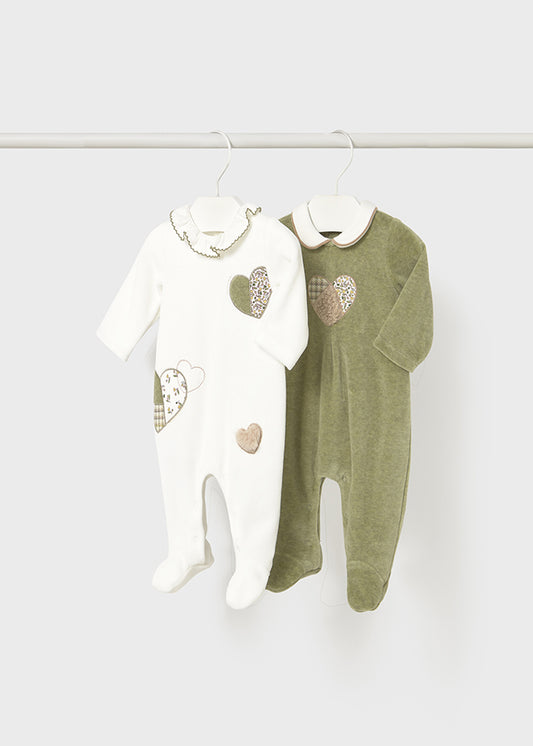 Preorder Mayoral 2 Pack Sage Green Heart Velour Onesies
