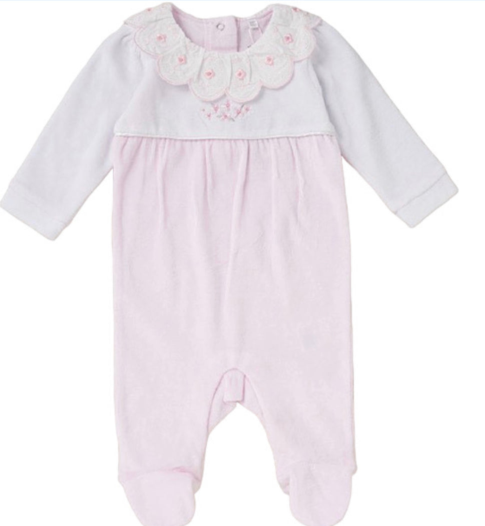 Pink Scallop Floral Velour Sleepsuit