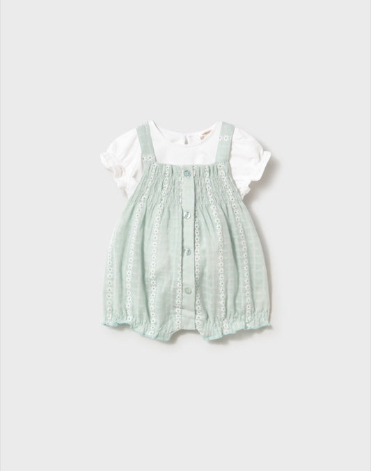 Mayoral Mint Floral Dungaree Set