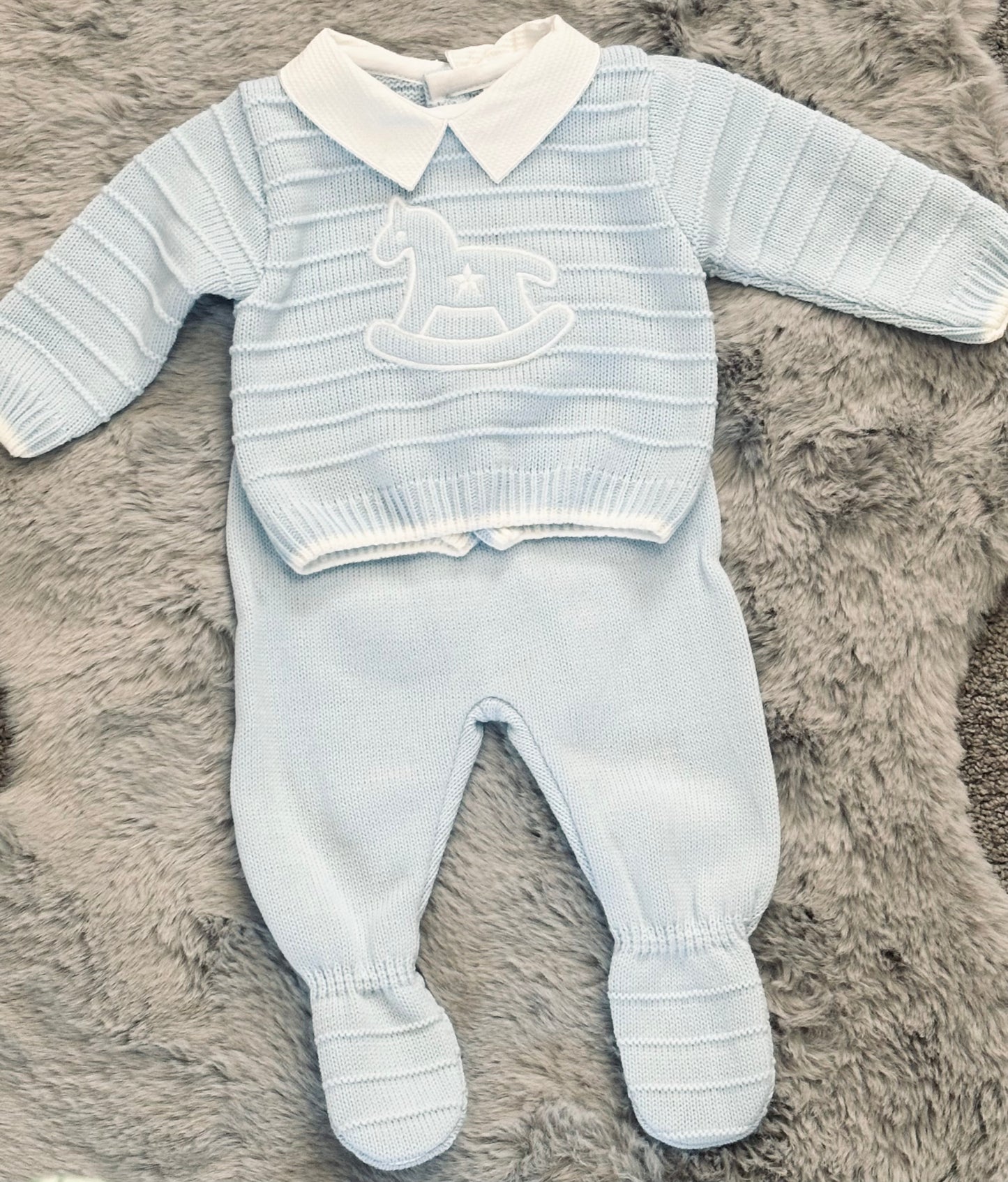 Blue Rocking Horse Knitted Outfit