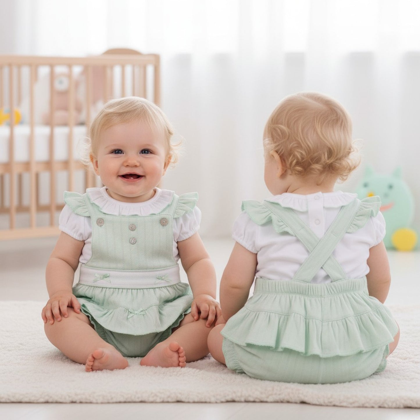 Mintini Pistachio Jacquard  Frill Dungaree