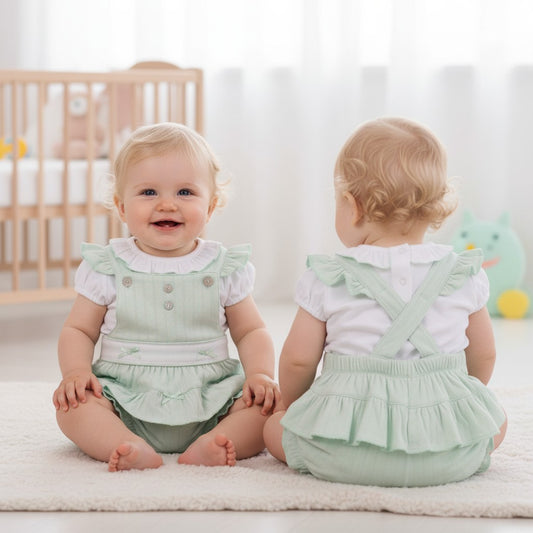 Mintini Pistachio Jacquard  Frill Dungaree
