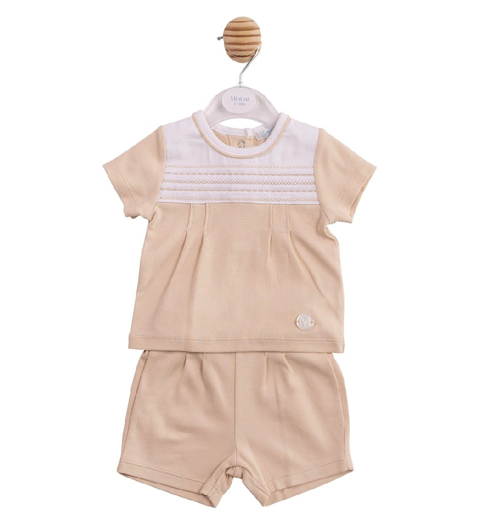 Mintini Beige Embroidered Shorts Set