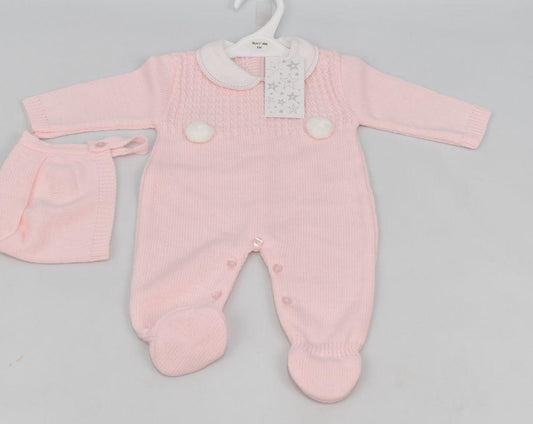 Pink Knitted Onesie with Bonnet