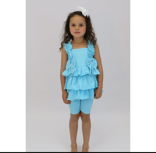 Beth Blue Ruffle Bow Shorts Set